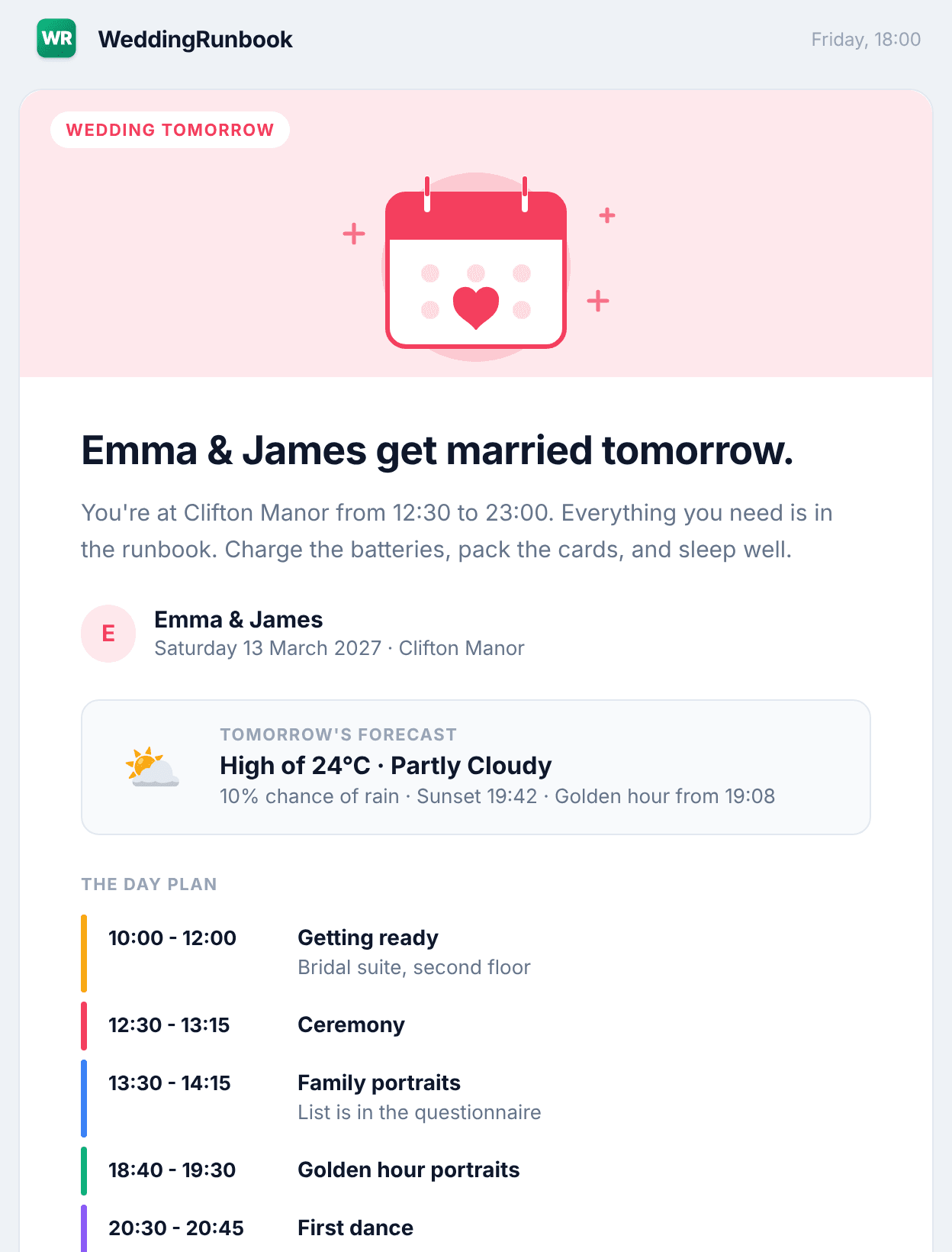 El correo de la tarde anterior tal como se envía: Emma y James se casan mañana, el pronóstico con el atardecer y la hora dorada, y el plan del día