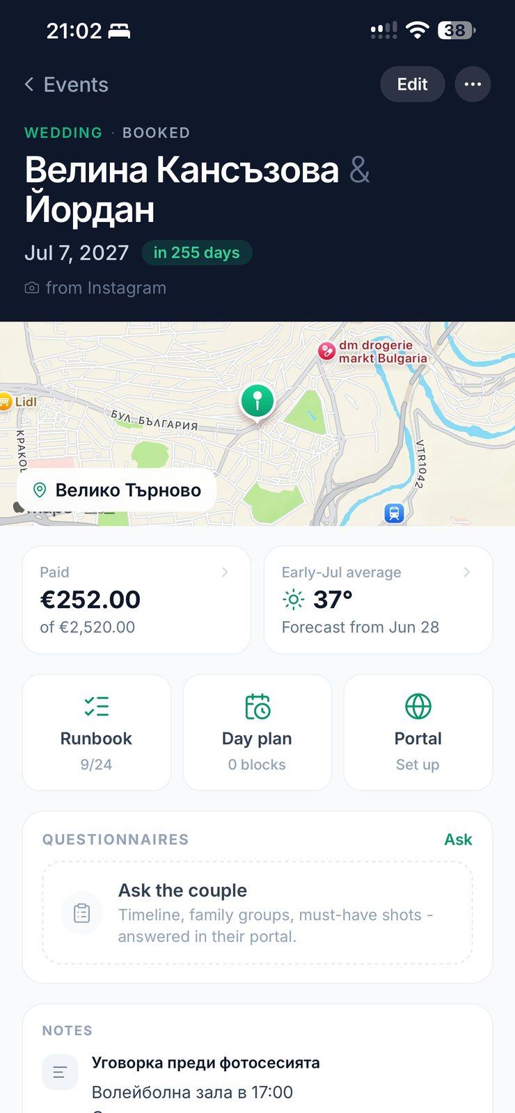 Una boda en el teléfono: Velina y Yordan, faltan 255 días, el lugar en un mapa, lo pagado, el pronóstico, runbook 9 de 24, el plan del día, el portal, el cuestionario y las notas