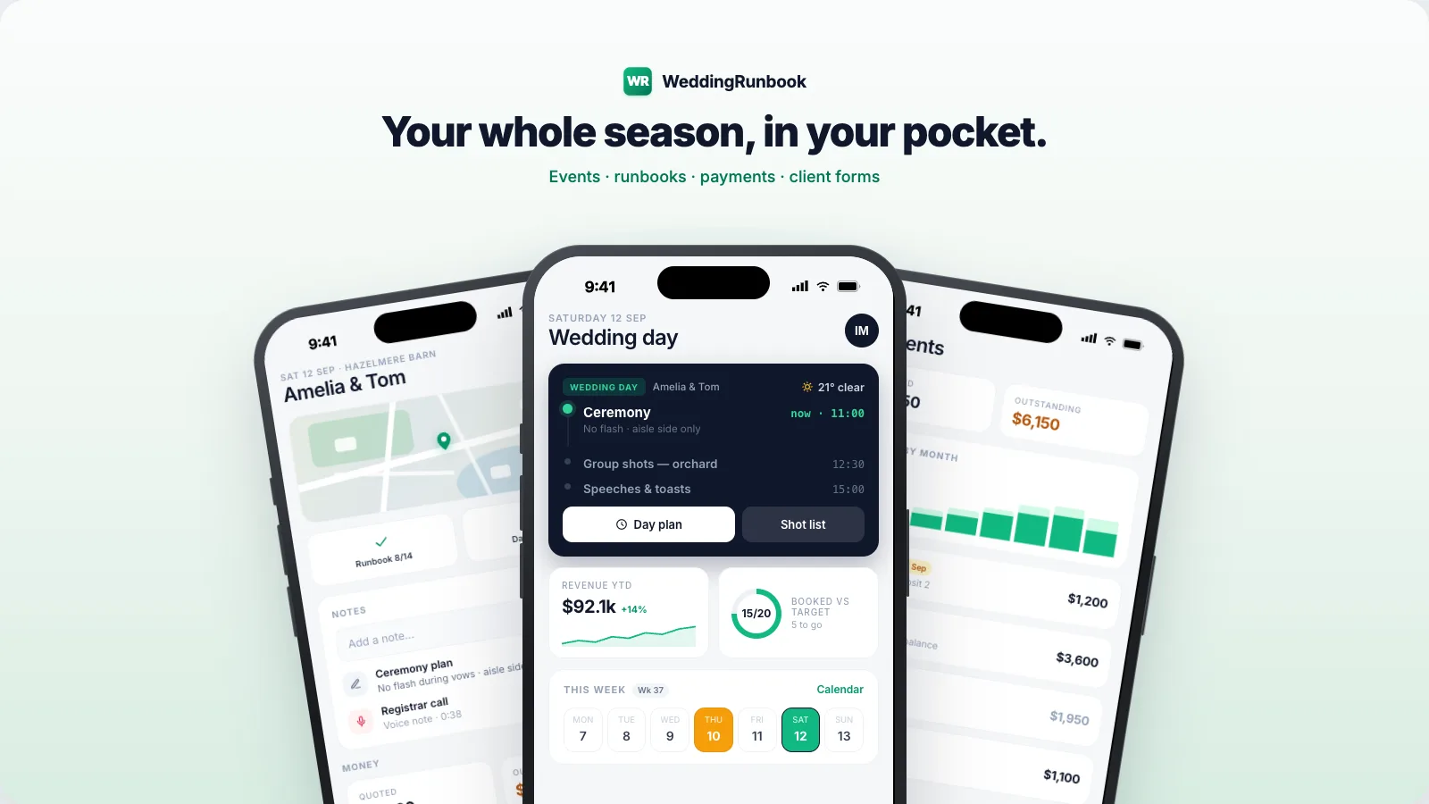 WeddingRunbook - your whole season, in your pocket. Events, runbooks, payments and client forms, shown on three iPhones